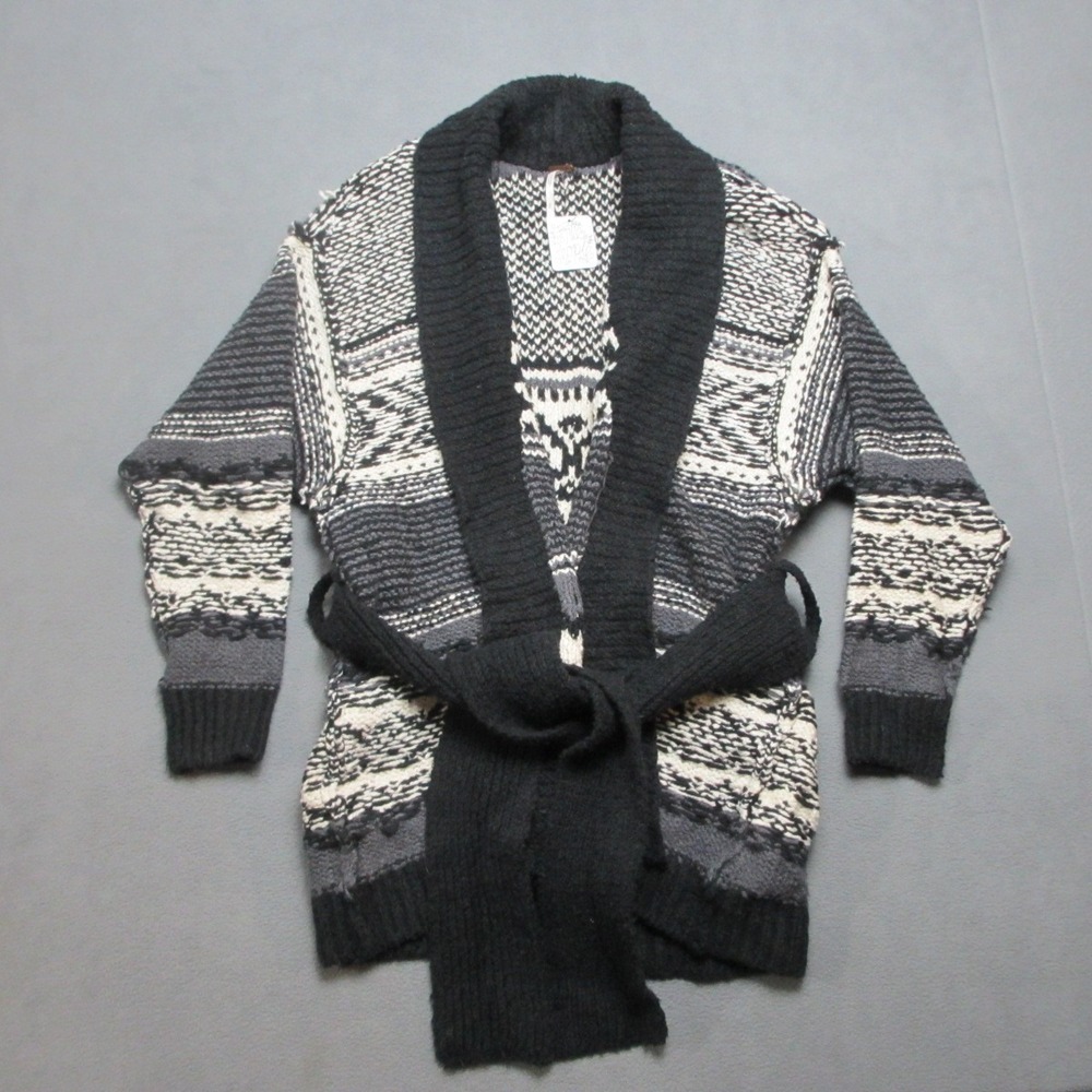 Free People Sweater Womens Small White Black Cardigan Cozy Cabin Belted Waist